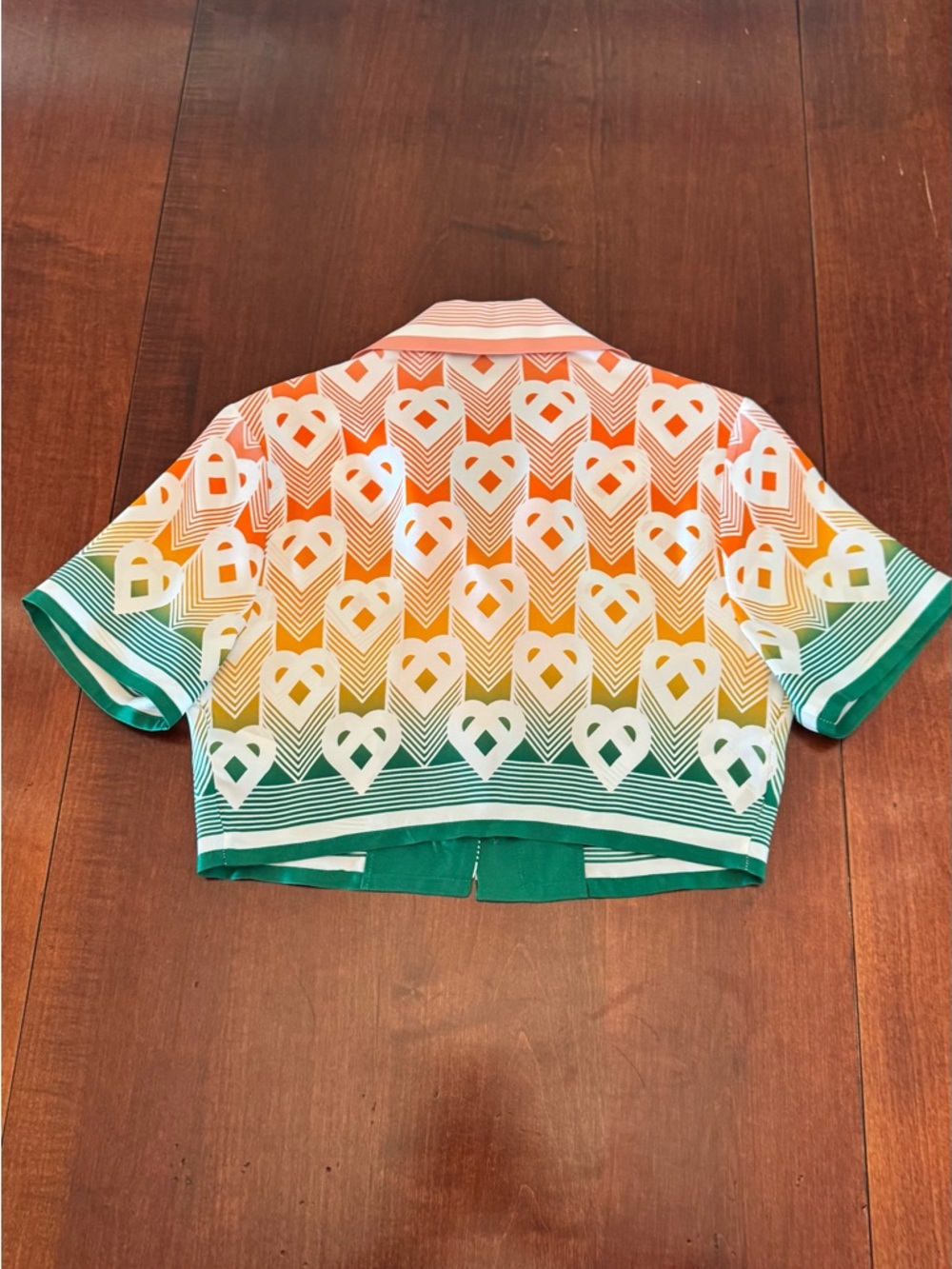 CASABLANCA WOMEN Cuban Collar Cropped Silk Short Sleeve Shirt Heart Monogram - Picture 5 of 8